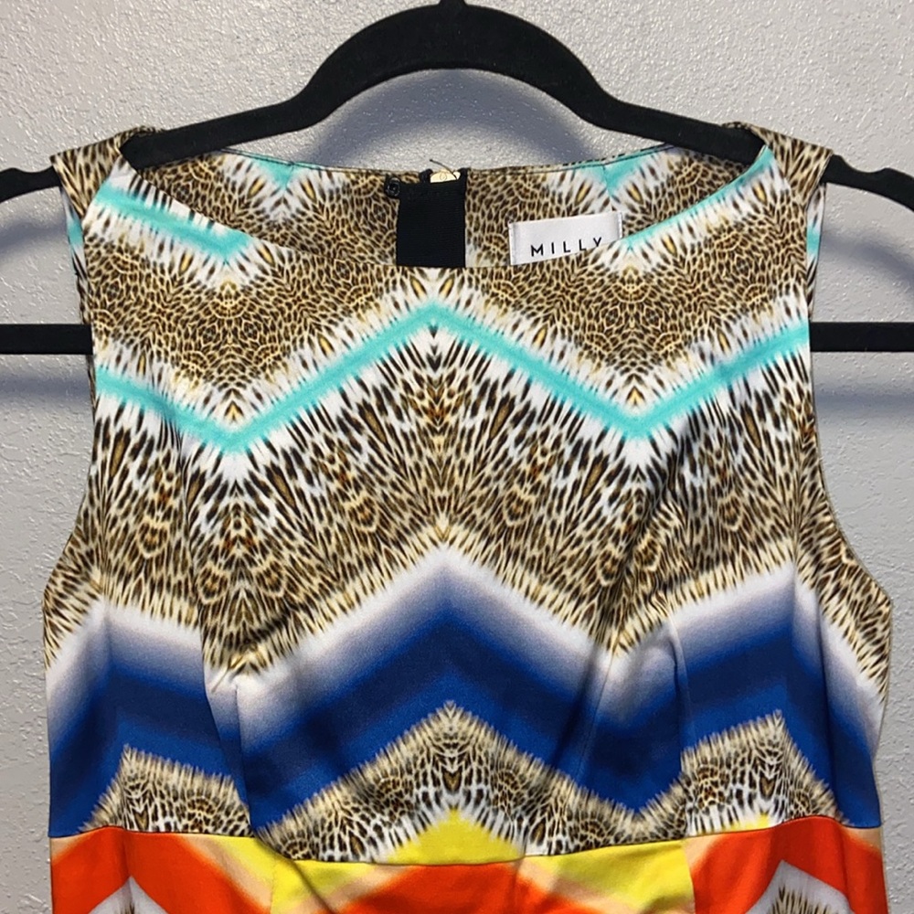 Milly Sleeveless Multicolor Cheetah Zig Zag Lined Panel Shift Mini Dress 3410 - Picture 3 of 12